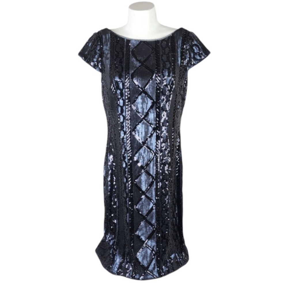 Adrianna Papell Sequin Cap Sleeve Sheath Dress Navy Size 10 Evening Sparkle